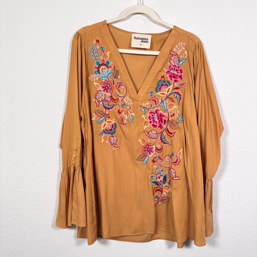 Savanna Jane Womens Embroidered Top Blouse Size 1X Boho Floral Flowy Gold